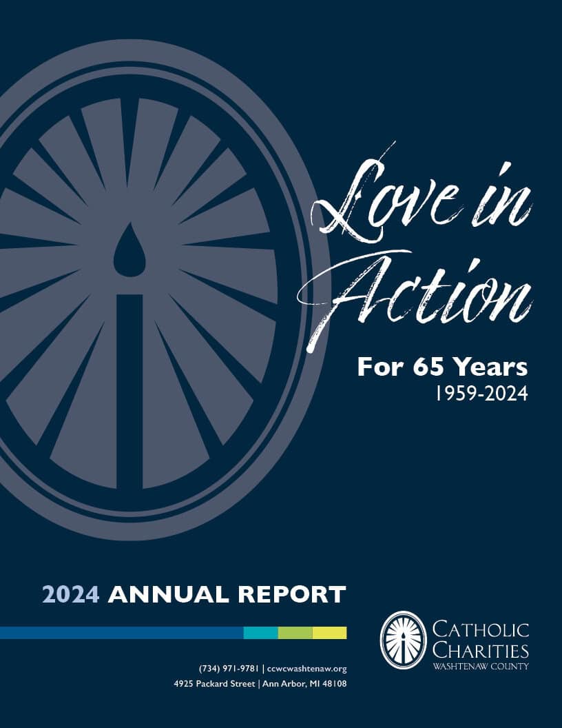 Front cover of Annual Report, includes CCWC candle icon and logo. Captioned: Love in Action, 2024 Annual Report.
