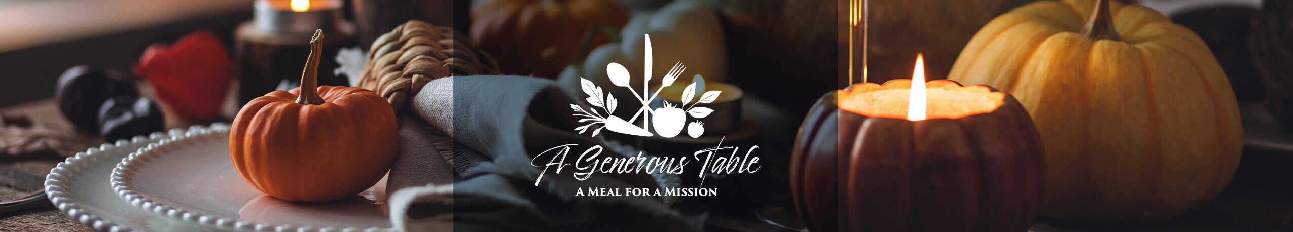 Elegant table in candlelight, decorated with candles and pumpkins, overlaid with A Generous Table event logo.