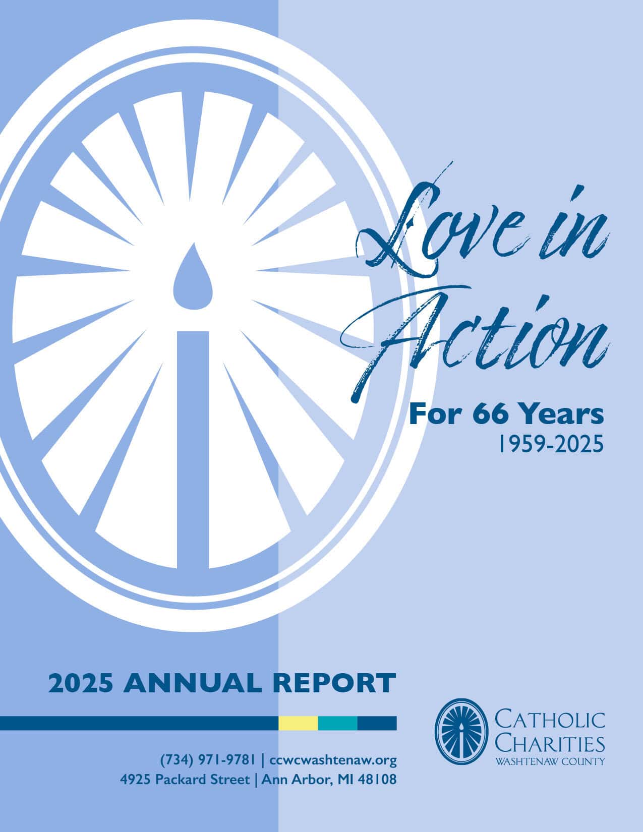 First page of Annual Report 2025. A large candle medallion icon, captioned: Love in Action for 66 Years, 1959-2025. Followed by: 2025 Annual Report.
